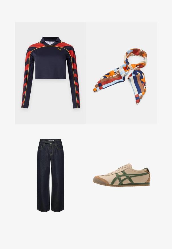 Laivaston pitkähihaisen lyhytpolo, jossa on punaiset ja keltaiset kaarevat yksityiskohdat hihoissa. Pehmeä, kevyestä kankaasta valmistettu klassinen kaulus.; Tummat farkut, joissa on leveät lahkeet ja nyörikiinnitys vyötäröllä. Niissä on kontrastivärisiä tikkejä, etutaskut ja hieman väljähkö istuvuus.; Beige nahkakengät vihreillä yksityiskohdilla, joissa on pyöreä kärki, litteä pohja sekä mokkanahkayksityiskohtia kärjessä ja kantapäässä.; Silkki huivi, jossa on värikäs kukka- ja geometrinen kuvio oranssin, sinisen, ruskean ja kermaisen sävyissä. Kolmiomaiset päät ja sileä rakenne.