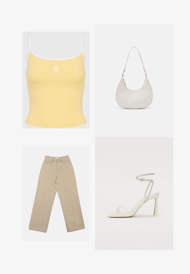 Geltona šonkaine tankų marškinėliai su balta apdaila ir reguliuojamomis petnešėlėmis, su subtiliu išsiuvinėtu logotipu priekyje. Minkšta medžiagos tekstūra.; Bežinės platesnės džinsinės kelnės su aukštu liemeniu, priekinėmis kišenėmis ir kontrastingais siūlais. Dizainas apima mygtuko užsegimą.; Baltos aukšto kulno sandalai su plonyte kulkšnies juostele ir dviem priekinėmis juostelėmis. Sklandus odos paviršius, kvadratinis pirštas ir blizgus kulnas.; Kremo spalvos odinė petnešų rankinė, pusmėnulio formos, plona dirželis ir subtilūs siuvimo akcentai. Minimalistinio dizaino su auksiniu tone detalėmis.