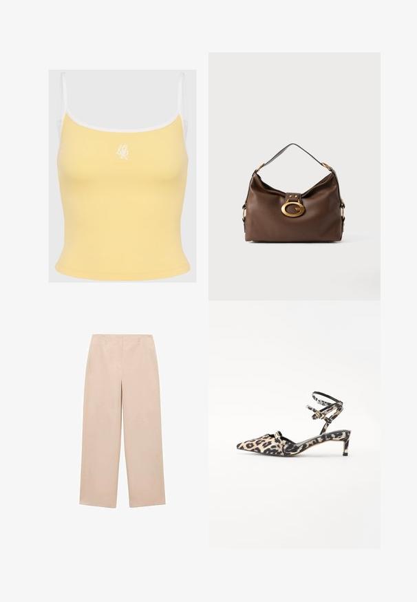 Rumena rebrasta majica brez rokavov z belim robom in nastavljivimi naramnicami, s subtilnim vezenim logotipom na sprednji strani. Mehka tekstura tkanine.; Bež široke hlače izdelane iz gladkega materiala, s ravnim sprednjim delom in zankami za pas, brez vidnih vzorcev ali okrasnih elementov.; Visoke črne čevlje z leopardjim vzorcem in koničastim nosom ter ozkimi gležnjenkami, ki vključujejo črn trak in subtilne zlate detajle.; Rjavo usnjeno ročna torbica z teksturirano površino, ki ima zlato toniran zaklep in en sam, ukrivljen naramnico.