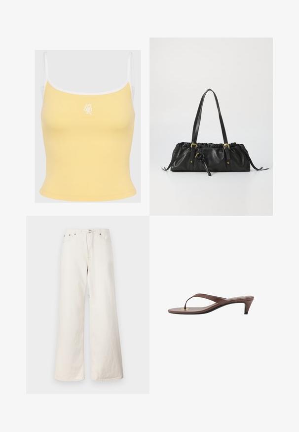 Top a canotta gialla a coste con bordi bianchi e spalline regolabili, caratterizzato da un logo ricamato discreto al centro davanti. Tessuto morbido.; Pantaloni in denim bianchi a gamba larga con vita regolabile tramite cordoncino, tasche frontali e dettagli di cucitura discreti. Realizzati in robusto cotone.; Infradito con tacco marroni, dotati di una fascia sottile e un puntale arrotondato, con un piccolo dettaglio dorato sulla soletta.; Borsa a tracolla nera in pelle con parte superiore arricciata, due manici, dettagli in metallo dorato e un accent centrale circolare. Texture liscia, forma compatta.