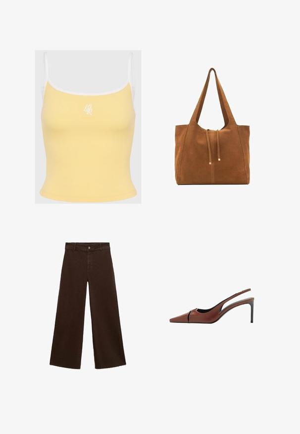 Žltý rebrovaný top bez rukávov s bielym lemovaním a nastaviteľnými ramienkami, s diskrétnym vyšitým logom v strede prednej časti. Mäkká textúra tkaniny.; Hnedé široké nohavice z bavlnenej zmesi, s roztrhnutým lemom, predným zapínaním na gombík a klasickým dizajnom s piatimi vreckami. Minimalistické a všestranné.; Hnedé kožené sandále na podpätku so špicatou špičkou, výrezom na priehlavku a elegantným stiletto podpätkom. Hladká textura.; Hnedá semišová taška cez rameno s dvoma dlhými popruhmi, sťahovacou šnúrkou a minimalistickým dizajnom. Hladký povrch a žiadne viditeľné kovové doplnky.