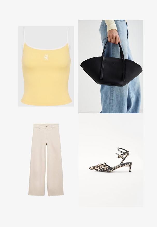 Žltý rebrovaný top bez rukávov s bielym lemovaním a nastaviteľnými ramienkami, s diskrétnym vyšitým logom v strede prednej časti. Mäkká textúra tkaniny.; Beige široké džínsy s vysokým pásom, s gombíkovým zapínaním, prednými vreckami a rozstrapkaným lemom. Vyrobené z denimu.; Topánky na vysokom opätku so zvieracím vzorom, s ostrou špičkou a úzkymi remienkami okolo členku, pričom majú čierny remienok a jemné zlaté akcenty.; Čierna kožená kabelka s jedinečným tvarom ventilátora, so plochými držadlami. Povrch má štruktúru s brúseným efektom a minimalistic design.