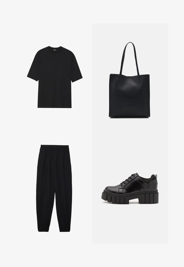Svart kortermet t-skjorte laget av bomull. Har rund hals og rett nederkant. Minimalistisk design uten mønstre eller detaljer.; Svarte, lette bukser med elastisk liv og rynkede ankler. Stoffet er glatt og har en avslappet, innsvingt design.; Svarte lærplattformsko med kraftig blokkhell, rund tå og tradisjonell snøring. Har en jevn tekstur og minimal detaljering.; Svart lær tote bag med glatt tekstur, rektangulær form og to lange håndtak. Ingen synlige deler eller dekorasjoner.