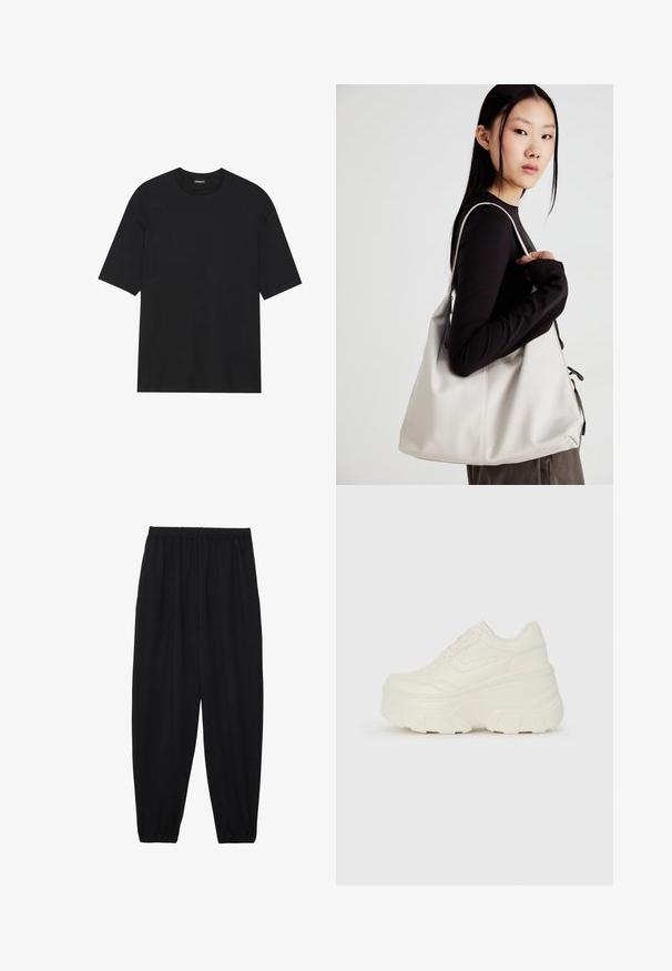 Crna majica kratkih rukava od pamuka. Ima okrugli izrez i ravni donji rub. Minimalistički dizajn bez uzoraka ili dodataka.; Crne, lagane hlače s elastičnom stražnjom pasicom i naboranim gležnjevima. Tkanina je glatka i ima opušteni, suženi dizajn.; Bijele platformske tenisice s glatkim gornjim dijelom koji nalikuje koži, zaobljenim oblikom, podstavljenim okvirom i teksturiranim gumeni potplat s definiranom profilacijom.; Bežna torba od mekog materijala s opuštenim dizajnom, šivanim detaljima i dva remena za rame. Pogodna za svakodnevnu upotrebu.