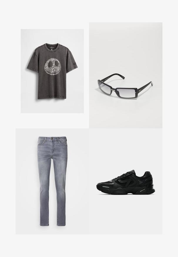 Pilka grafinė medvilninė marškinėlių su dideliu apskritu besišypsančiu veidu, kuriame yra smulkių kaukolių, trumpomis rankovėmis ir apvalia kaklo iškirpte.; Šviesiai pilki džinsai su tiesiu kirpimu, turintys penkis kišenes, varinį mygtuką ir nežymų nusidėvėjimą ant kojų.; Juodi sportiniai sneakeriai su tekstūruota viršutine dalimi, atspindinčiomis detalėmis ir pagalvotu padu. Yra raišteliai ir prekės ženklas šone.; Juodų stačiakampių saulės akinių su gradientiniu lęšiu, turinčių storą rėmelį ir metalinius akcentus ant kojelių. Visoje apieje glotni tekstūra.
