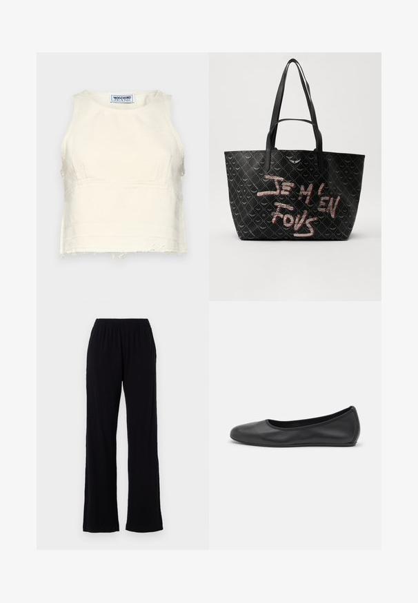Zkrácený bezrukávový top v off-white bavlně s neopracovaným lemem. Má kulatý výstřih a nenápadné panelové švy. Logo štítek uvnitř.; Černé, lehké kalhoty s elastickým pasem a rovnými nohavicemi. Měkká textura bez viditelných vzorů nebo akcentů. Jednoduchý a všestranný styl.; Černé kožené baletní byty s kulatou špičkou, hladkou texturou, minimálními švy a flexibilním designem podrážky.; Černá taška přes rameno z texturovaného materiálu s diamantovým vzorem, ramenními popruhy a odvážným červeným a bílým nápisem "JE M'EN FOUS."