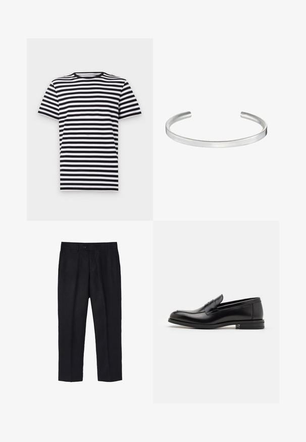 Mustavalkoraidallinen lyhythihainen t-paita, pyöreä kaula-aukko, valmistettu pehmeästä puuvillasekoitteesta, jossa on tasaisesti sijoitettuja vaakaraitoja.; Mustat pellavahousut, joissa on räätälöity istuvuus, yksi etunappi, laskostus ja suorat lahkeet. Sujuva tekstuuri, kevyt viimeistely.; Mustat nahkakengät, joissa on sileä pinta, pyöreä kärki ja koristeellinen nauha jalkapöydän yli. Matala pinoitu koroke, minimalistinen muotoilu.; Hopeinen metallinen rannerenka, jossa on sileä, mattapintainen pinta. Ominaisuuksiin kuuluu avonainen muotoilu pyöristettyine reunoineen, mikä mahdollistaa säädettävän koon.