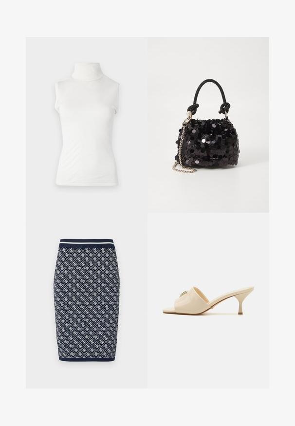 Top bianco senza maniche a collo alto, realizzato in tessuto morbido, con un design aderente e colletto a coste. Texture liscia senza ulteriori motivi.; Gonna a matita in maglia navy e bianca con un motivo geometrico a diamante. Presenta una vita elasticizzata a strisce e una superficie liscia.; Mule sandal aperto in pelle verniciata beige con tacco stiletto basso. Presenta un accento decorativo centrale sulla parte superiore. Finitura liscia e lucida.; Mini borsa a tracolla nera in paillettes con una tracolla texturizzata annodata e catena argentata. Forma rotonda con parte superiore arricciata e dettagli riflettenti.