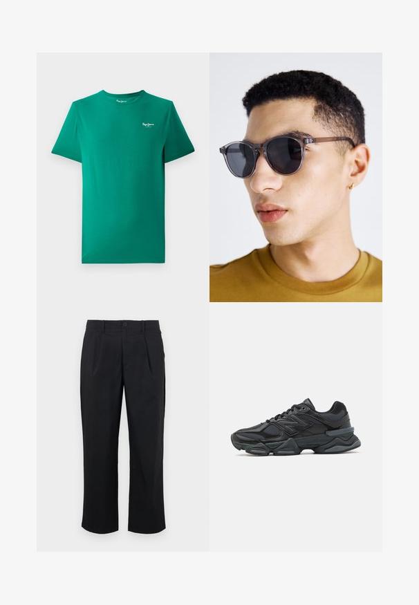 Zeleni bombažni T-majica s kratkimi rokavi, okroglo izrezano ovratnikom in majhnim belim logotipom na levem prsnem delu. Gladka tekstura, sproščen dizajn.; Črne hlače ravnega kroja, z naborki spredaj, gumbom za zapiranje in gladko teksturo blaga.; Črne tekaške superge, ki združujejo mrežaste in sintetične materiale, imajo debel podplat, ukrivljen oblikovni slog ter izrazito blagovno znamko na strani.; Sive okrogle sončne očala s prozornim okvirjem, ki imajo temne leče in tanke, elegantne ročice. Oseba z kratkimi kodrastimi lasmi jih nosi.