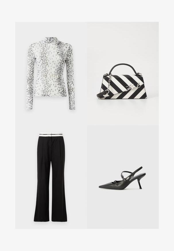 Długosleeve top z wysokim kołnierzem, uszyty z białego materiału ozdobionego szarym i czarnym wzorem w kropki.; Czarne spodnie o luźnym kroju, z białym elastycznym paskiem w talii z brandingiem. Wykonane z gładkiego materiału o delikatnym połysku.; Czarne skórzane sandały na obcasie typu slingback z wydłużonym noskiem, smukłym obcasem i ozdobnym zapięciem na cholewce. Gładka tekstura i elegancka forma.; Czarna i biała torebka w paski o strukturalnym kształcie, z górnym uchwytem, odpinanym łańcuszkiem oraz metalicznym akcentem z logo.