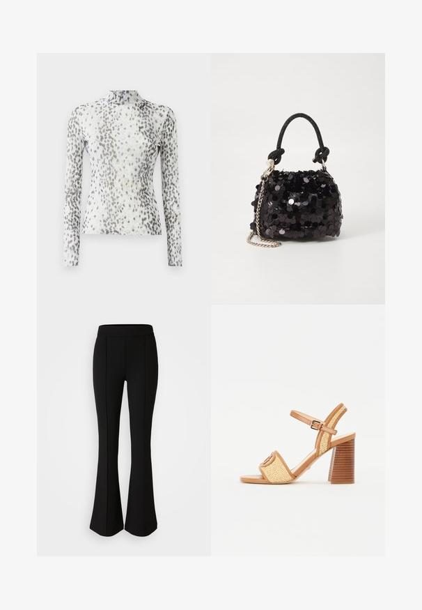 Halenka s dlouhým rukávem a vysokým výstřihem, vyrobena z bílé látky zdobené šedým a černým tečkovaným vzorem.; Černé kalhoty s rozšířenými nohavicemi vyrobené z elastického materiálu s hladkým povrchem, které mají švy vpředu pro zvýraznění designu.; Hnědé kožené a tkané slámové sandály na podpatku, které mají pásek přes kotník, otevřenou špičku a robustní dřevěný podpatek se svislými pruhy.; Černá mini kabelka s flitry, s uzlovým texturovaným popruhem a stříbrným řetízkem. Zaoblený tvar s nařaseným vrchem a reflexními detaily.