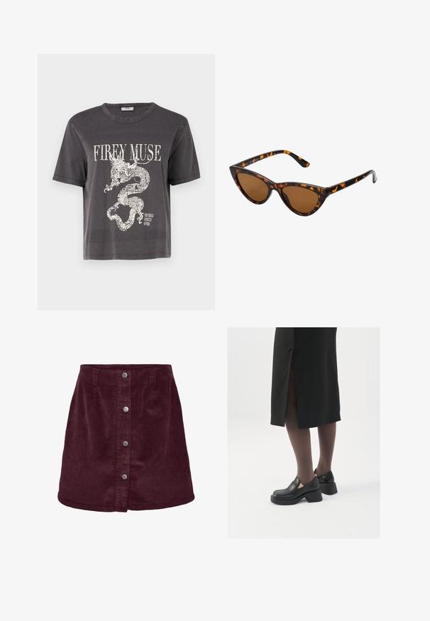 Tamsiai pilkas trumpas marškinėliai trumpomis rankovėmis su baltu drakono grafiku ir tekstu "UGNINGO ĮKVĖPIMO" ryškiu šriftu. Medvilnės medžiaga.; Vyno raudonos kordūroja mini sijonas su A formos siluetu, turintis penkis sidabrinius mygtukus priekyje ir subtilią raukšlių tekstūrą.; Juodos odinės bateliai su apvaliu nosiu, stora blokine pakulne ir elastingais šonais, derinami su tamsiomis pėdkelnėmis ir juoda sijonu su plyšiu.; Katės akies saulės akiniai su juodu ir oranžiniu šarvuotu rėmeliu, ruda objektyvu ir elegantiškais, smailiais galiukais. Rėmelyje yra minimalus logotipas ant šventės.