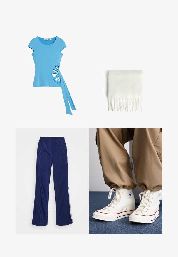 Blå kortärmad topp i ett slätt tyg, med en utskuren blommönster och en sidoknytning. Rund halsringning och figurnära silhuett.; Marina atletiska byxor med elastisk midja, raka ben och sidodragkedjor. Har vit piping längs sidorna. Slät tygtextur.; Vita hög-top sneakers i canvas med gummisula, med en svart stjärnlogotyp och röda samt marinblå detaljer.; Vitt fleecehalsduk med fransade kanter, mjuk textur och rektangulär form. Lämplig för lager-på-lager och för att ge värme.