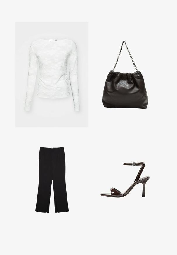 Dolga bela majica iz teksturirane tkanine z cvetnimi čipkastimi vzorci in širokim izrezom, prilagojena oblika, ki poudarja silhueto.; Črne hlače ravnega kroja z naglavnimi žepi in stranskimi razporki na robu. Narejene iz mehke, gladke tkanine. Primerne za različne priložnosti.; Rjave visokosprti sandali iz pateniranega usnja z zaponko okoli gležnja, odprto konico in eleganten, minimalističen dizajn. Imajo kvadratno peto.; Rjava usnjena torba z nabranim vrhom in verižnim trakom. Gladka tekstura z sijajno površino in subtilnimi šivi na straneh.
