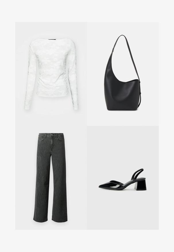 Pikkade käistega valge ülemus, mis on valmistatud tekstureeritud kangast, millel on lilleline pitsimuster ja ümar kaelus, keha lähedane lõige, mis rõhutab siluetti.; Laial jalgevahega teksad tumedas hallis denimis, millel on peen sablestriibuline tekstuur, kontrastne õmblemine ja viie tasku disain nupuga.; Mustad musta lakknahk kingad, millel on terav varvas ja geomeetriline plokkkonts. Omab elegantselt minimalistlikku disaini ja sujuvat tekstuuri.; Mustast nahast hobo kott, millel on sile tekstuur, kumer kuju ja üks reguleeritav rihm; peal on lai avaus.