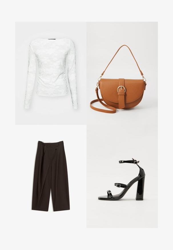 Pitkähihaine valkoinen paita, joka on valmistettu teksturoidusta kankaasta ja jossa on kukkakuvioista pitsiä sekä pyöreä pääntie. Muotoiltu malli korostaa vartalon siluettia.; Tummanruskeat leveälahkeiset housut, joissa on korkea vyötärö, yhden napin sulkea ja pleatattu etuosa. Valmistettu kevyestä kankaasta.; Musta kiiltäväpintainen korkokengät, joissa on kaksi solkikiinnitystä, neliönmuotoinen kärki ja paksu korko, sileällä, kiiltävällä pintarakenteella.; Ruskean nahkainen olkalaukku, jossa on kaareva muoto, kultaiset yksityiskohdat ja solkiyksityiskohta. Varustettu irrotettavalla olkahihnalla.