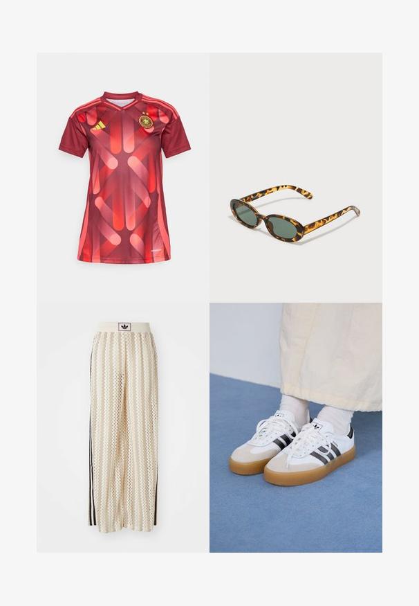 Bordo sportinė maikė su v-kaklu, trumpomis rankovėmis ir dinamišku geometriniu raštu raudonais tonais. Yra trys juostelės ant pečių ir komandos emblema.; Grietos spalvos plačios kelnės su zigzagų raštu, turinčios juodą logotipo juostą ir šonines juodas juosteles. Lengvas, tekstūruotas audinys.; Baltos sportbačiai su noir juostomis ir šviesiai rudos zomšos akcentais. Yra tekstūruota gumos padas ir plokščiomis baltomis raištelėmis, dėvimi su šviesiai spalvotomis kojinėmis.; Kostiumuotojo saulės akiniams su ovaliais rėmeliais, tamsiai žaliais objektyvais ir lieknais kojelėmis. Rėmelyje yra subtilus logotipas.