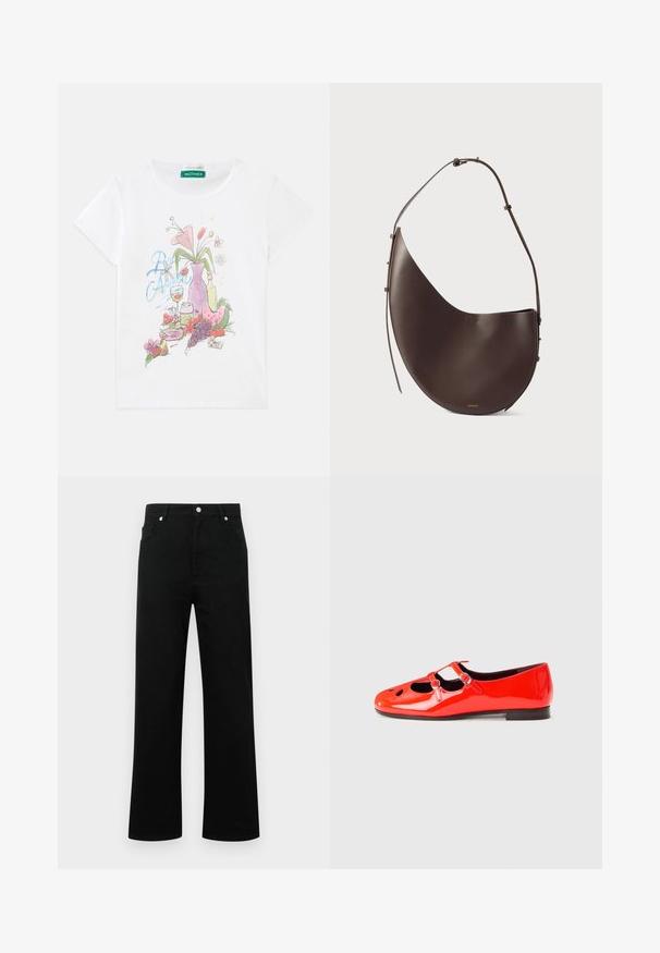 Baltas trumpas rankovės marškinėliai su spalvinga grafika, vaizduojančia vazą su gėlėmis, vaisiais, gėrimo taure ir vynuogėmis priekyje.; Juoda džinsinė kelnė su aukštu liemeniu, tiesiu siluetu, dviem priekinius kišenėmis, mygtukų uždarymu ir minimalistiniu dizainu.; Raudoni patentiniai odiniai butai su dviem dirželiais ir pjūviais ant pirštų. Žemas, vientisas juodas kulnas. Lygus paviršius.; Ruda odinė rankinė, turinti kreivą formą, vieną diržą ir minimalistinį dizainą. Sukurta su subtiliu logotipu ir auksiniais detalėmis.