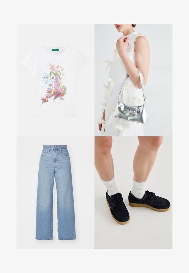 Hvit T-skjorte med kort erm og fargerik grafikk av en vase med blomster, frukt, drikkeglass og druer på forsiden.; Lys blå høytlivs vide jeans med knapp- og glidelås lukking foran, foran og bak lommer, på en hvit bakgrunn.; Mørkeblå semsket skinnsko med rund tå, snøring og kremfarget gummisåle. Kombinert med hvite ribbestrikkede sokker.; Sølvmetallisk håndveske med en strukturert form, med en topphåndtak og sløyfedetalj foran. Glatt tekstur, reflekterende overflate.; Sølv ring med dobbelt bånd og en glatt, polert overflate. Har et flytende, buet design med overlappende seksjoner for et moderne utseende.