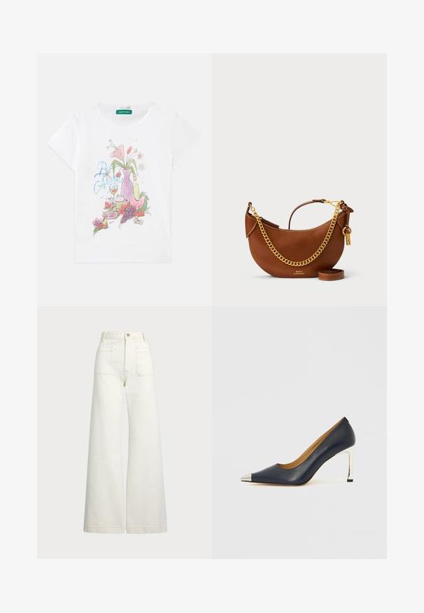 Tricou alb cu mânecă scurtă, cu un grafic colorat ce reprezintă o vază cu flori, fructe, un pahar cu băutură și struguri pe față.; Jeans cu picioare late din denim alb-crem. Design cu talie înaltă, cu închidere prin nasture, două buzunare frontale și detalii cu cusături contrastante.; Pantof cu toc înalt din piele bleumarin, cu vârf ascuțit, având o căciulă metalică argintie și un toc stillet argintiu lucios.; Geantă de piele maro cu un design curbat, curea cu lanț auriu, buzunar interior și curea de umăr detașabilă. Dispune de cusături contrastante.