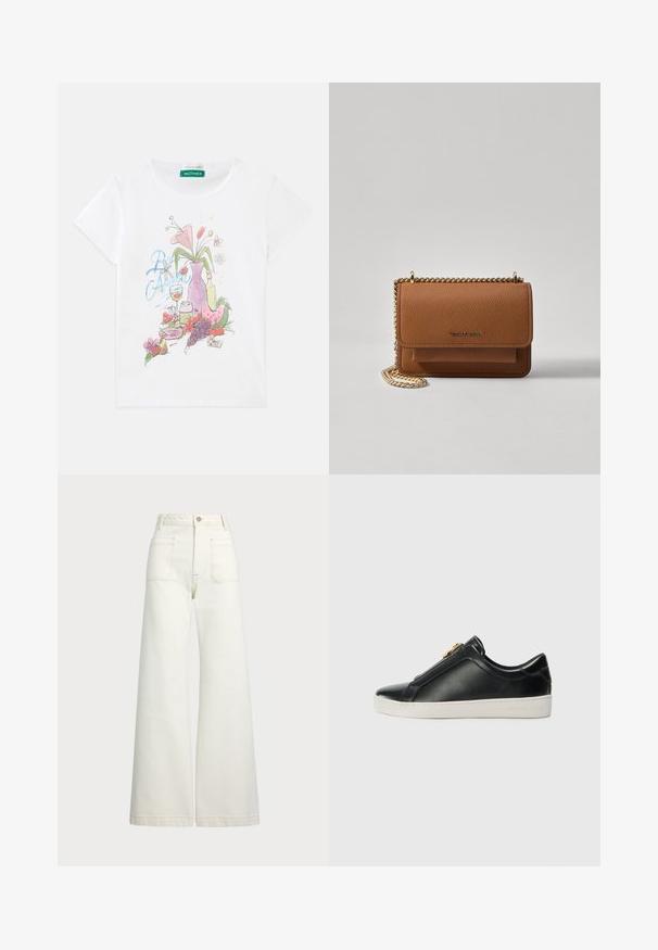 Bela kratka majica s kratkimi rokavi s pisanimi grafikami vaze s cvetlicami, sadjem, kozarcem pijače in grozdjem spredaj.; Široke jeans hlače v off-white denim tkanini. Visok pas z gumbnim zapiranjem, dvema sprednjima žepoma in detajli kontrastnega šivanja.; Črne usnjene čevlje s potiskom, z dvignjenim šivom, srebrnimi dodatki na zgornjem delu in belim gumijastim podplatom z utisnjenim logotipom.; Rjava teksturirana usnjena torba čez ramo z zlatim verižnim trakom in zapiranjem na pokrov. Spredaj je vidna podrobnost logotipa in žep pod pokrovom.