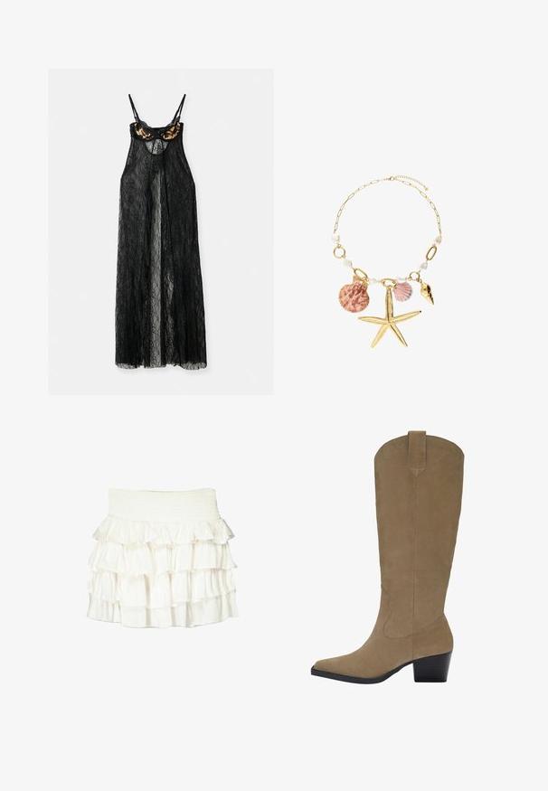 Black lace garment with sheer design, featuring a leopard print bra top and thin straps, open in the front with a flowy silhouette.; White ruffled skirt with a smocked waist. Features layered, sheer fabric ruffles that create a textured, flowing appearance.; Knee-high tan suede boots with a pointed toe, stacked heel, and stitching detail along the sides. Smooth texture and structured design.; Gold chain necklace featuring white pearls and decorative shells, including a starfish, with a mix of textured and smooth surfaces.