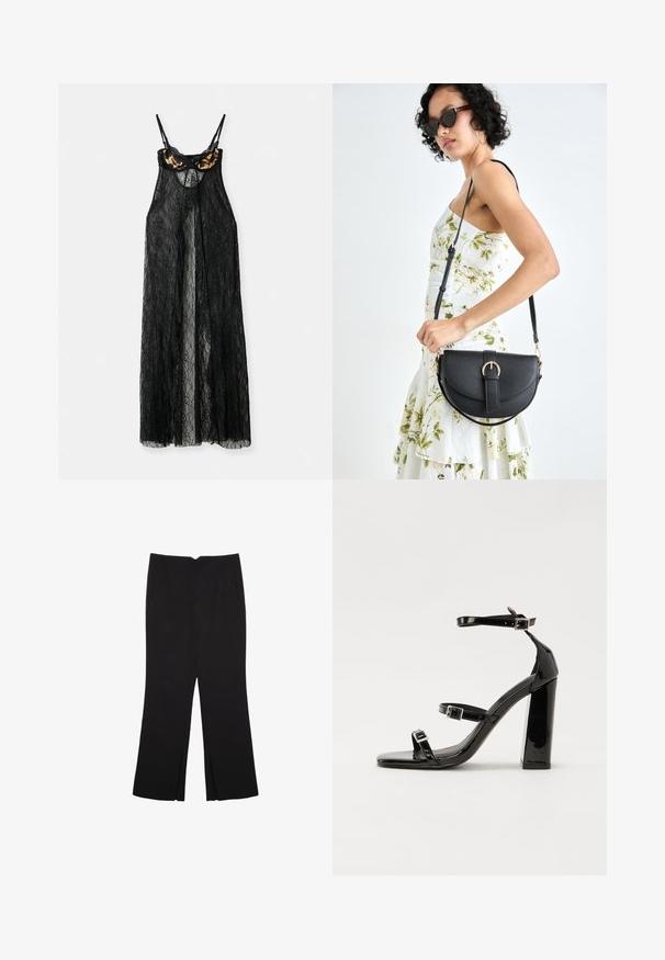 Schwarzes Spitzenkleid mit transparenter Gestaltung, featuring ein Leopardenmuster-Brautop und dünnen Trägern, vorne offen mit fließender Silhouette.; Schwarze Hose mit geradem Schnitt, ausgestattet mit Fronttaschen und Seitenschlitzen am Saum. Hergestellt aus weichem, glattem Stoff. Geeignet für verschiedene Anlässe.; Schwarze patentierte Sandalen mit Absatz, quadratischer Spitze, Knöchelriemen und silbernen Schnallen. Mit einem stabilen Blockabsatz für mehr Stabilität.; Schwarze Lederhandtasche mit geschwungener Form, abnehmbarem Tragegurt und goldenen Beschlägen. Die Tasche verfügt über einen Deckel mit einer Schnallen-Details.