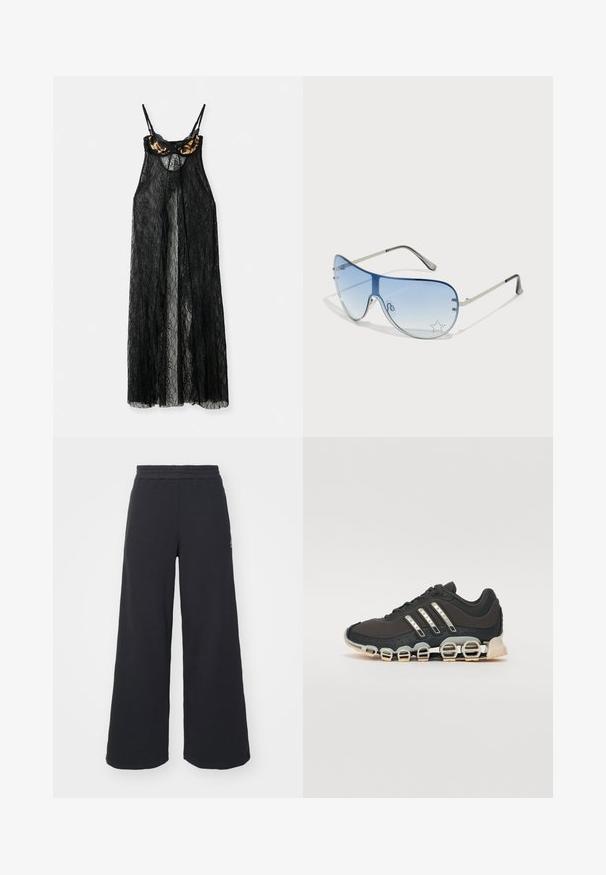 Melnas mežģīņu drēbes ar caurspīdīgu dizainu, kurā ir leoparda raksta krūšturis ar plānām siksnām, atvērta priekšpusē un ar brīvu siluetu.; Melni platās svārku bikses, izgatavotas no mīksta auduma, ar elastīgu jostas daļu un mazu logotipu kreisajā pusē.; Melna sporta apavi ar teksturētu augšdaļu, trim sudraba svītrām un atšķirīgu amortizācijas zoli, kas sastāv no vairākiem integrētiem sekvencēm.; Pilotstila saulesbrilles ar gradienta zilām lēcām, sudraba metāla rāmjiem un dekoratīvām zvaigžņu akcentiem uz lēcām. Gluda un eleganta dizaina.