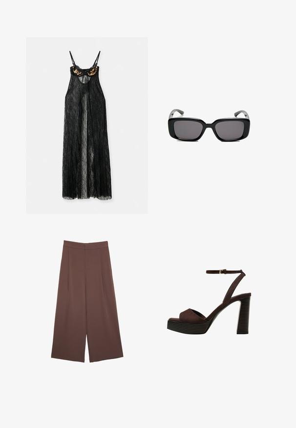 Indumento in pizzo nero con design trasparente, dotato di reggiseno a stampa leopardata e spalline sottili, aperto sul davanti con una silhouette fluida.; Pantaloni ampi marroni con una texture liscia, caratterizzati da una vita alta e pieghe frontali. Il tessuto è leggero e scorre liberamente.; Sandal in camoscio marrone con tacco alto, punta aperta, cinturino alla caviglia regolabile e suola a piattaforma striata.; Occhiali da sole neri rettangolari con lenti scure, montatura in plastica liscia e tempie curve. Il design è voluminoso con un'estetica minimalista.