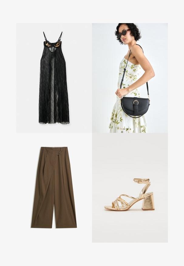 Black lace garment with sheer design, featuring a leopard print bra top and thin straps, open in the front with a flowy silhouette.; Brown wide-leg trousers with thin white pinstripes, high waist, front button closure, and wrap-style overlay panel.; Gold metallic heeled sandals featuring a strappy design, square block heel, and adjustable ankle strap with a buckle. Smooth texture.; Black leather handbag with a curved shape, detachable strap, and gold hardware. The bag features a flap with a buckle detail.; Gold-tone hoop earrings with a smooth, polished finish. Features a half-circle shape and a secure post closure.