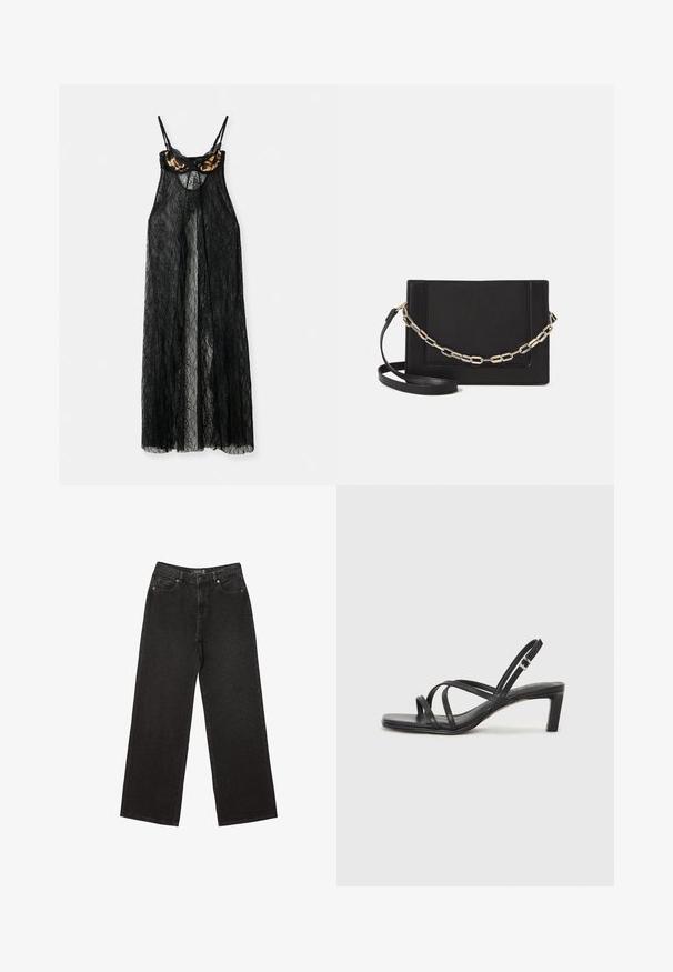 Czarna koronkowa odzież o przezroczystym wzorze, z topem w panterkę i cienkimi ramiączkami, otwarta z przodu, z luźnym krojem.; Czarne dżinsy o szerokich nogawkach, wykonane z denimu, w małe kropeczki, klasyczny pięć kieszeniowy fason oraz zapięcie na guzik i suwak.; Czarne sandały na obcasie z prostokątnym noskiem i niskim słupkowym obcasem. Posiadają wiele cienkich pasków i regulowany pasek na kostkę. Wykonane z gładkiej skóry.; Czarna skórzana torebka typu crossbody z gładką teksturą, prostokątnym kształtem oraz metalowym detalem w postaci łańcuszka z przodu. W zestawie regulowany pasek.
