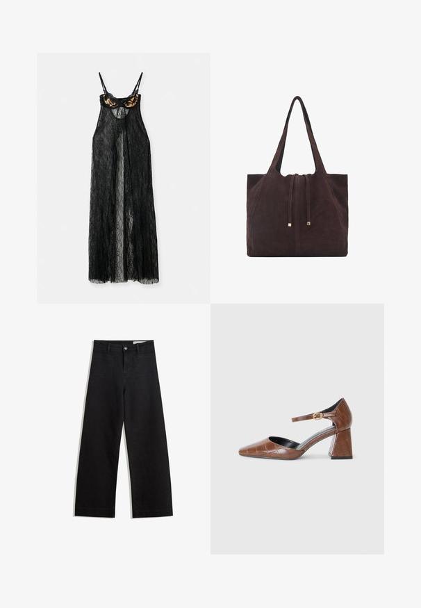 Sort blonde tøj med gennemsigtig design, der har en leopardmønstret bh-top og tynde stropper, åben foran med en flydende silhuet.; Sorte wide-leg denim bukser med høj talje, der har front- og baglommer, syede sømme og en knaplukning. Glat tekstur.; Brune patenteret læderpumps med firkantet tå, struktureret krokodillemønster, ankelrem med guldbuckle og en chunky hæl.; Mango Shopping bags - dark brown