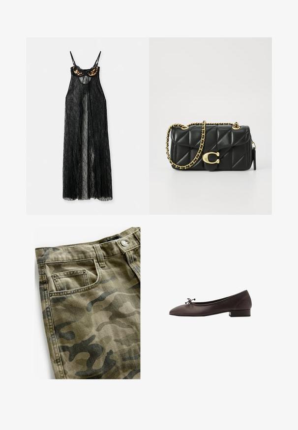 Îmbrăcăminte din dantelă neagră cu un design transparent, având un top de sutien cu imprimare leopard și bretele subțiri, deschis în față, cu o siluetă fluidă.; Next Pantaloni scurți din denim - camo print; Balerini din piele maro, cu vârf rotund și toc mic pătrat. Prezintă o fundiță subțire în față și detalii de cusătură subtile.; Poșeta neagră din piele matlasată cu o curea din lanț auriu și un închizător cu toggle care are un accent circular. Formă compactă și rectangulară.