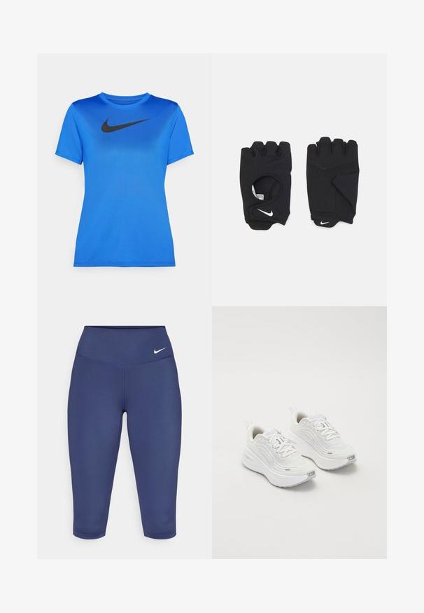 Blå kortermet T-skjorte laget av glatt stoff. Har en svart Nike-logo på brystet og en vanlig rund hals.; Marineblå capri leggings laget av elastisk stoff, med bredt liv og en liten hvit logo på venstre side. Ingen synlige sømmer.; Hvite joggesko med et teksturert mesh-overdel, polstret såle og subtile grå aksenter. Inkluderer merkevare og løkke på hælen for enkel påkledning.; Sorte fingerløse hansker laget av elastisk materiale, med design for åpen håndflate, grepdetaljer og Nike-logo i hvitt.