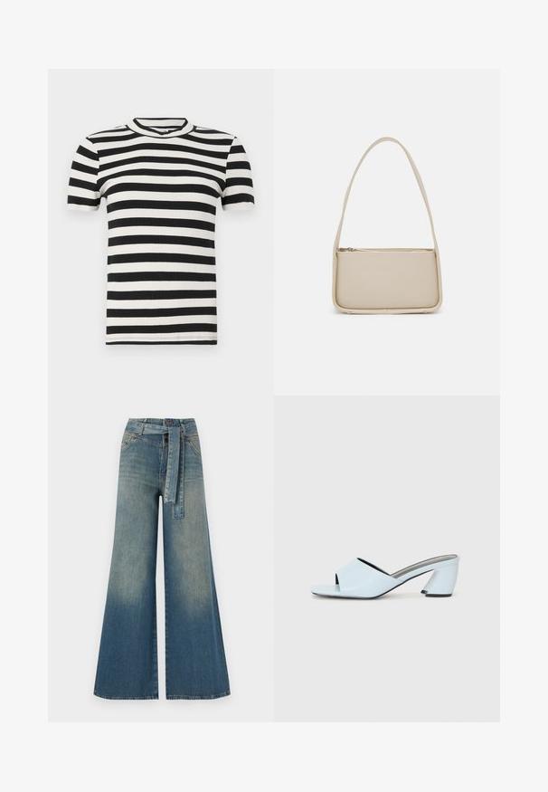 Melnā un baltā svītraina īso piedurkņu ribota T-kreklu ar apaļu dekoltē un pieguļošu siluetu. Mīksta tekstūra visā virsmā.; Platām kājām džinsu bikses ar gaismas līdz tumši zilam gradientam, augstu jostas līniju, jostas cilpām un atbilstošu auduma jostu. Tekstūrēts džinsas apdare.; Gaiši zilas atvērtā purngala papēžu mūlas ar ģeometrisku dizainu, kas ietver platu siksnu pāri pēdai un masīvu, stūrainu papēdi.; Even&Odd Rokassoma - off white