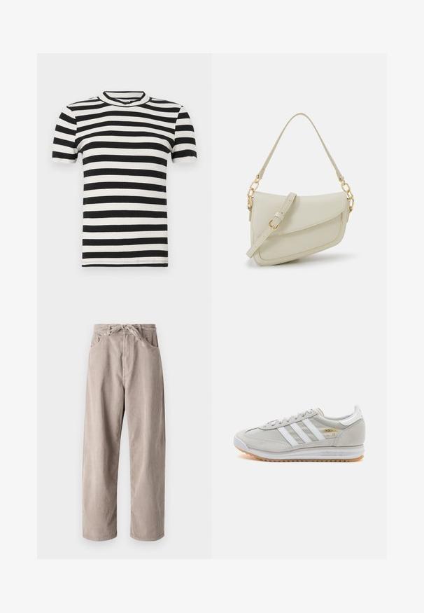 Black and white striped short-sleeve ribbed t-shirt with a round neckline and a fitted silhouette. Soft texture throughout.; Beige corduroy trousers with a loose fit, featuring a drawstring waist, two front pockets, and vertical ribbed texture.; Light grey sneaker made of suede and mesh, featuring three white stripes, round toe, and a gum rubber sole. Gold logo accent near laces.; Small cream handbag with a textured finish, a long adjustable strap, a chain accent, and a flap closure. Gold hardware detailing.; Gold-tone metal earring with a sleek, curved design. Features a distinctive pointed shape, polished surface, and hinge closure.