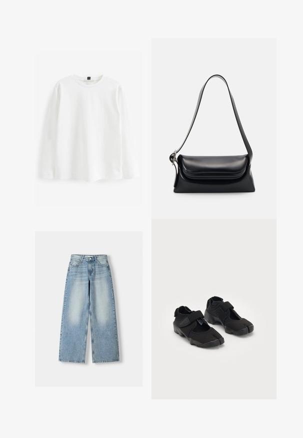 Biała, długorękawowa koszulka wykonana z bawełny. Posiada okrągły dekolt, regularny krój i minimalistyczny design bez wzorów i widocznych elementów metalowych.; Jasnoniebieskie dżinsy typu wide-leg z wysokim stanem, z lekko spranym wykończeniem, pięcioma kieszeniami i prostym krojem.; Czarne buty wodne wykonane z elastycznego materiału z zapięciem na rzep, charakteryzujące się unikalnym podziałem palców oraz teksturowaną gumową podeszwą zapewniającą przyczepność.; Czarna skórzana torebka o zorganizowanym kształcie, gładkiej fakturze i pojedynczym pasku na ramię. Posiada subtelną, zaokrągloną klapkę.