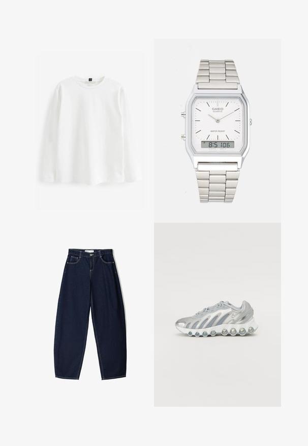 White long-sleeve T-shirt made of cotton. Features a round neckline, regular fit, and minimalistic design with no patterns or visible hardware.; Dark blue denim wide-leg pants feature a high waist, front pockets, and contrasting stitching. The fabric has a smooth texture and structured shape.; Silver and gray athletic shoe with a mesh upper, curved design, and unique round sole featuring transparent cushioning elements.; Silver stainless steel watch with a square case, white face, analog and digital display, and a metal link bracelet. Waterproof design.