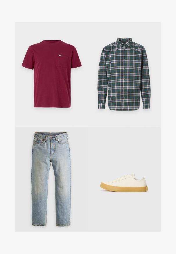 Burgundy cotton t-shirt with a crew neck, short sleeves, and a left chest pocket. Features a small brand tag on the pocket.; Green flannel shirt with a plaid pattern featuring blue, white, and mustard yellow lines. Buttoned front and pointed collar. Long sleeves.; Light blue denim jeans with high waist, front button, zipper, and five-pocket design, laid flat on a neutral background.; Canvas sneakers in off-white with a round toe, featuring beige rubber soles and five eyelets for laces, textured finish on the upper.
