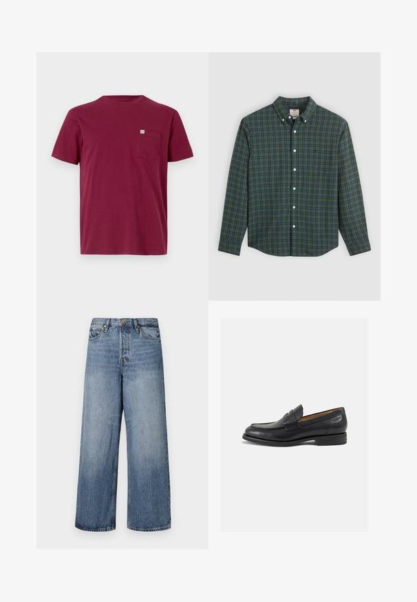 Burgundy színű pamut póló, kerek nyakkal, rövid ujjal és bal oldali zsebbel. A zseben egy kis márkajelzés található.; Hosszú ujjú gombos ing zöld, kék és sárga kockás mintával, fehér gombokkal és gombos gallérral.; Széles lábú kék farmernadrág, elhalványodott mosással, öt zsebbel és gombos zárással. Övhurkokkal és steppelt részletekkel ellátva.; Fekete bőr loaferek sima felülettel, lekerekített orral és díszítő varrással a lábfejen. Alacsony, réteges sarkú és enyhe fényű.