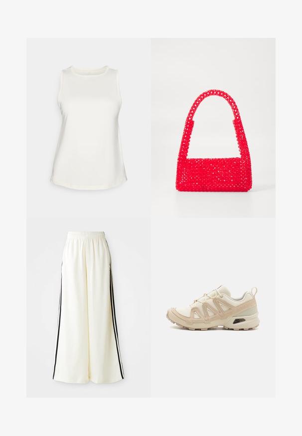 Sleeveless white top in smooth fabric, featuring a round neckline and curved hem. Simple design without patterns or embellishments.; White wide-leg pants with elastic waistband and black vertical stripes along outer seams.; Beige and cream athletic shoe with textured mesh upper, supportive overlays, and rubber outsole featuring a tread pattern for traction.; Red handbag made of beaded plastic, featuring a square base and a curved handle. The surface has a textured, glossy finish with a pattern of beads.