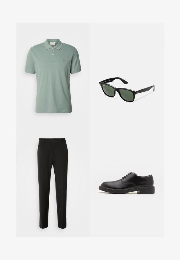 GANT REG SHIELD SS - Polokošeľa - dry green; Čierne nohavice vyrobené z hladkej tkaniny, s rovnými nohami, zapínaním na gombík a klasickým dizajnom vhodným pre formálne aj neformálne nosenie.; Čierne kožené šnurovacie topánky s okrúhlou špičkou, hladkým povrchom, minimálnym prešívaním a nízkym gumovým podpätkom. Logo na podpätku.; Čierne plastové slnečné okuliare so zelenými šošovkami, štvorcové rámy, strieborný akcent na obočí a textúrované ramenné opierky. Brand uvedený na vnútornej strane ramien.