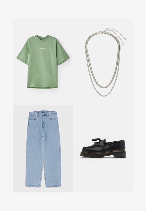 Roheline lühikeste varrukatega T-särk, mis on valmistatud puuvillast, ümarate kaelustega ja väikese valge logoga rinnal. Sile tekstuur, mugav lõige.; Heled sinise denimi sirgete põlvede lõikega teksad, millel on keskmise kõrgusega vöökoht, viis taskut ning nööbid ja tõmblukk.; Mustmust musta loafer, millel on frantsiisi aktsent, paks must tald ja kollane õmblus servas. Tekstuuriga viimistlus.; Kolmekihiline hõbedane metallkaelakee, mis on valmistatud peentest, paindlikest kettidest kerge läikega, kinnitatud krabi sulguri ja reguleeritava ketiga.