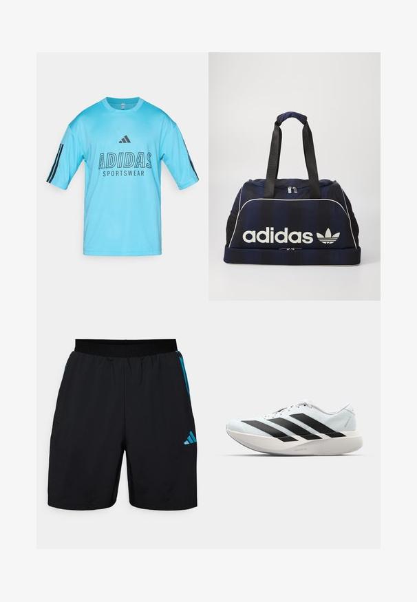 Camisa desportiva Adidas de tom azul claro, feita de tecido em malha. Apresenta mangas curtas, gola redonda canelada e logotipo e texto em preto na parte da frente.; Calções atléticos pretos feitos de um tecido leve, com riscas laterais azuis e um logótipo da adidas. Cintura elástica para maior conforto.; Tênis de corrida leves em azul pálido com riscas pretas. Apresentam um cabedal liso, bico redondo e uma entressola espessa branca rotulada como "LIGHTSTRIKE PRO."; Mala de duffel azul-marinho com o logótipo branco da Adidas, apresentando um topo com fecho, duas alças pretas robustas e bolsos laterais em malha. Textura do tecido suave.