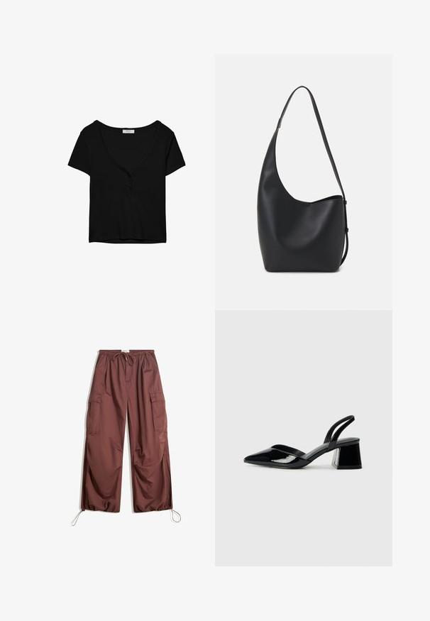 Musta lyhythihainen t-paita, jossa on V-pääntie ja kolme nappia. Valmistettu pehmeästä, joustavasta kankaasta. Yksinkertainen, klassinen muotoilu.; Kapeat ruskeat cargo-housut, joissa on elastinen vyötärö, kiristysnauha, suuret sivutaskut ja säädettävät nilkkaköydet.; Mustat patentoitu nahkakengät, joissa on säären takaosa ja terävä kärki, sekä geometrinen palikkakorko. Sisältää tyylikkään, minimalistisen muotoilun ja sileän pinnan.; Musta nahkainen hobo-laukku, jossa on sileä pinta, kaareva muoto ja yksi säädettävä olkahihna; sisäänkäynti on leveä ylhäältä.