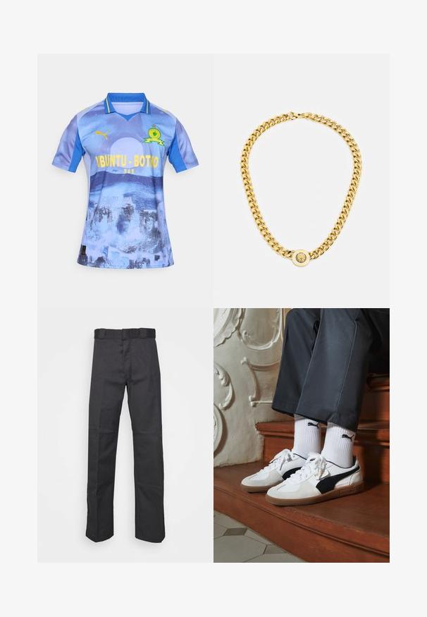Fénykék futballmez, amely grádiens mintázattal rendelkezik, sárga felirattal "UBUNTU-BOTHO" és egy kis zöld logóval a mellkason. Rövid ujjú.; Fekete nadrág tartós anyagból, egyenes szárú kivitelben, övhurkokkal ellátott derékkal és további textúrát adó varratokkal.; Fehér és fekete velúr Puma sportcipők, barna gumitalppal. Fehér zoknival párosítva, amely fekete logót visel, sötét nadrággal kombinálva.; Arany lánc nyaklánc nagy, egymásba fonódó gyűrűkkel, középen egy kiemelkedő emblémával ellátott kört alakító medállal.