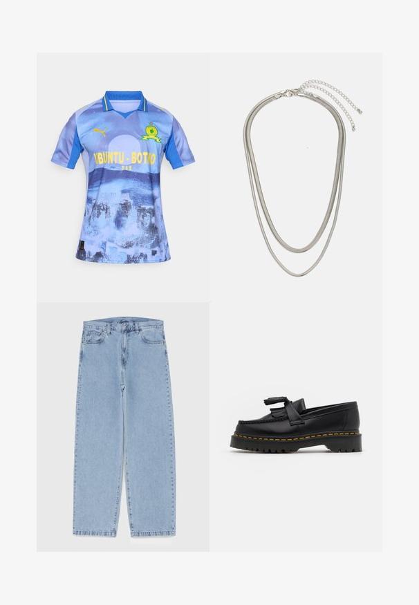 Maglia da football azzurra con design a gradiente, con testo giallo "UBUNTU-BOTHO" e un piccolo logo verde sul petto. Maniche corte.; Jeans in denim azzurro chiaro con design a gamba dritta, caratterizzati da una vita media, cinque tasche e chiusura con bottone e zip.; Mocassino in pelle nera con un'accento a frange, dotato di una suola nera spessa e cuciture gialle lungo il bordo. Finitura testurizzata.; Collana in metallo argentato a tre strati caratterizzata da catene sottili e flessibili con una leggera lucentezza, fissata con un gancio a molla e una catena regolabile.