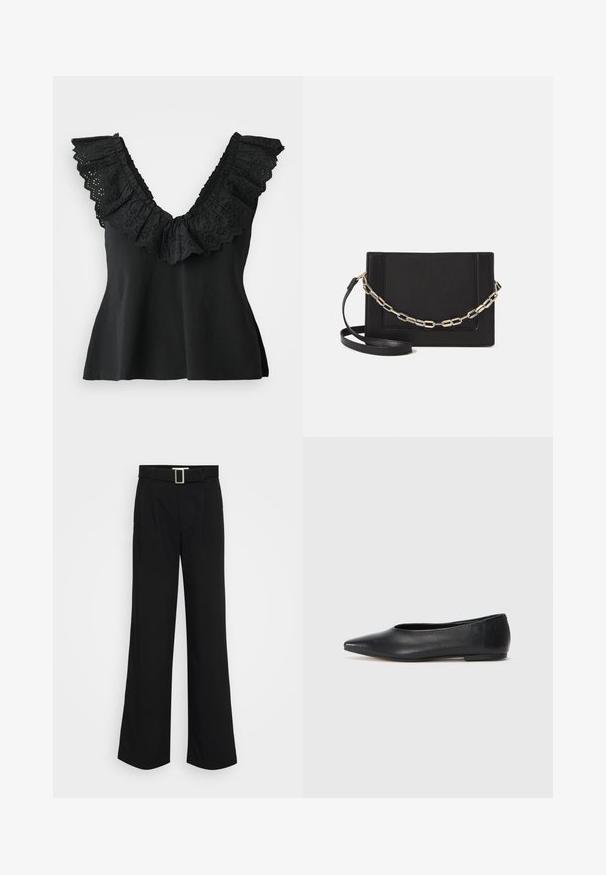 Top preto sem mangas com um decote em V profundo e uma borda larga e franzida que apresenta detalhes florais recortados. Textura suave; ajuste relaxado com ligeiro alargamento.; Calças largas pretas feitas de tecido leve, com uma textura suave, pregas frontais e um cinto com uma fivela metálica quadrada.; Bailarina de couro preto, bico fino, design minimalista, textura suave, salto baixo, sem hardware ou embelezamentos visíveis.; Bolsa crossbody de couro preto com uma textura suave, forma retangular e um detalhe em corrente metálica na frente. Inclui uma alça ajustável.