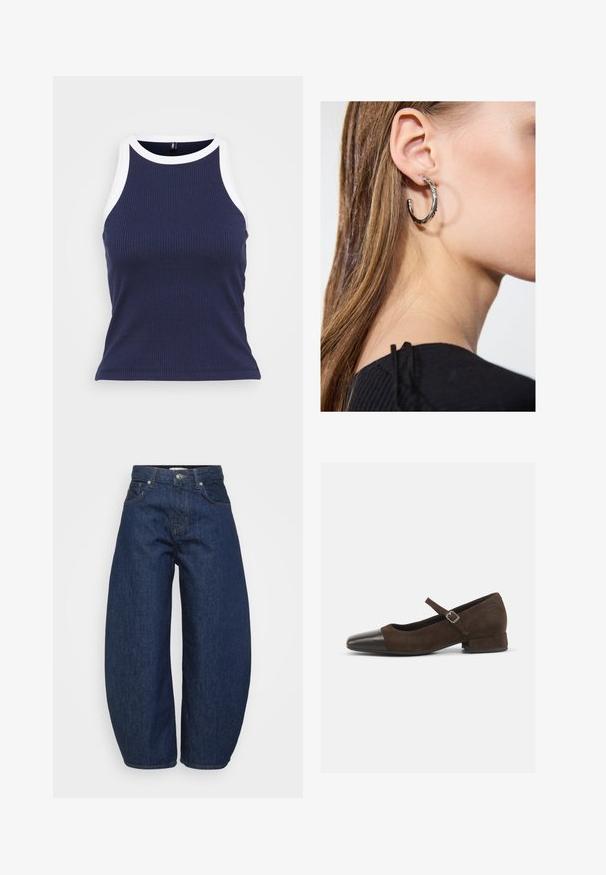 Navy ribbed tank top with white contrast trim along the neck and armholes. Fitted shape and soft fabric with a smooth texture.; High-waist dark blue denim jeans with wide legs, front button and zipper closure, and classic five-pocket design.; Brown suede Mary Jane shoe with a black patent leather toe cap, adjustable strap, and a low block heel. Smooth texture with minimal accents.; Silver hoop earring with a polished finish, featuring small gold accent details and a round shape, worn on the lobe.