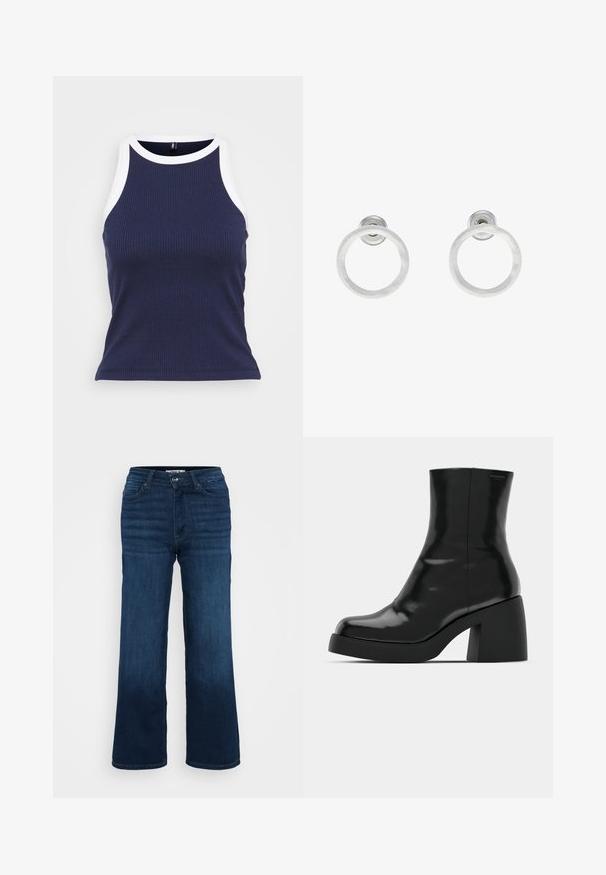 Jūrinės spalvos mušamos marškinėliai su balta kontrastine apdaila aplink kaklą ir rankas. Futuojanti forma ir minkšta medžiaga su lygia tekstūra.; ONLY Petite ONLMADISON BLUSH WIDE - Platėjantys džinsai - dark blue denim; Juodi kulkšniniai batai su blizgiu paviršiumi, kvadratiniu pirštu ir storu blokiniu kulnu. Dizainas pasižymi be siūlių siluetu ir minimalia ženklinimo. ; Sidabriniai metaliniai auskarai žiedų pavidalu su šveitimo tekstūra, turintys apvalų dizainą ir skaidrų laikiklį saugiam dėvėjimui.